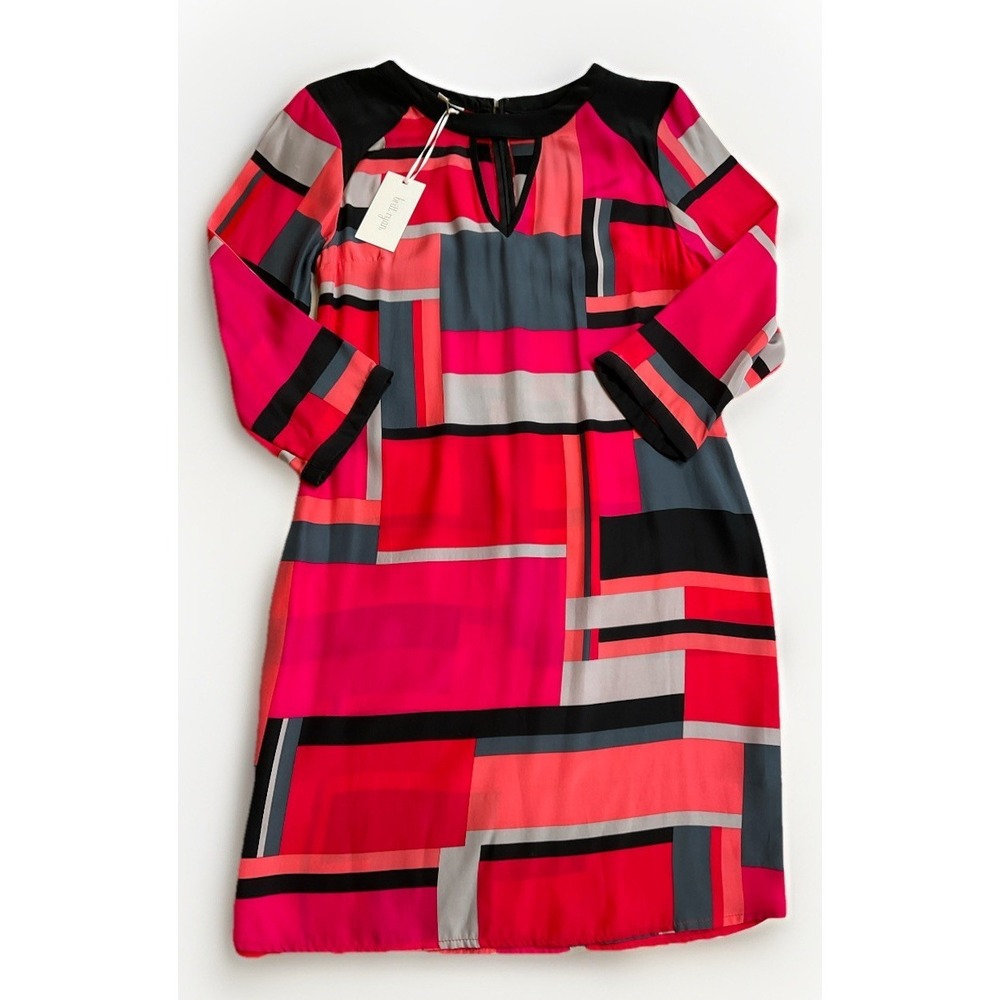 100% Silk Dress Britt Ryan‎ Dress 3/4 Sleeves Geometric Modern Office Size 4 USA